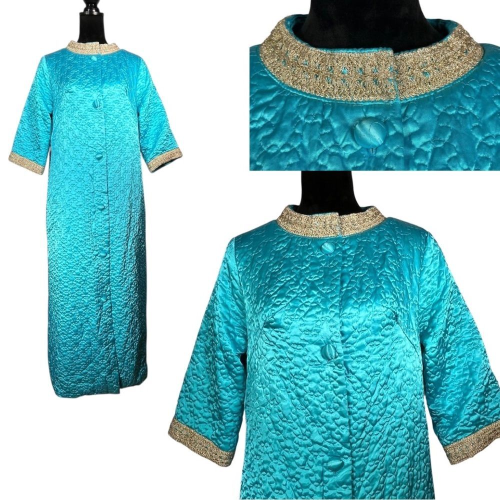 Vintage Lisanne Blue Gold Long Robe Metallic Quilted Full Housecoat Bathrobe
